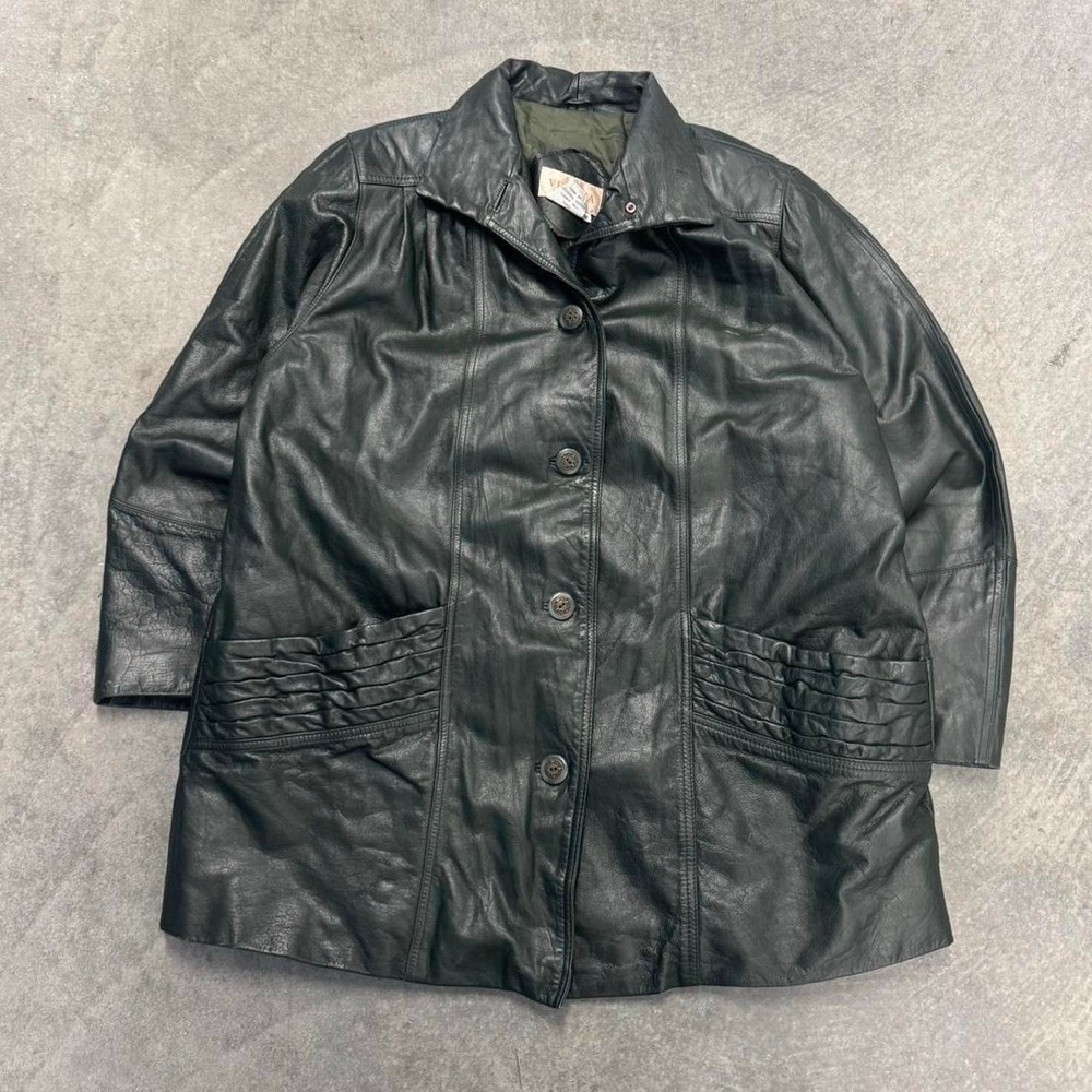 Vintage Green Oversized Leather Jacket Button Up Trench Oversized Coat 90's XL